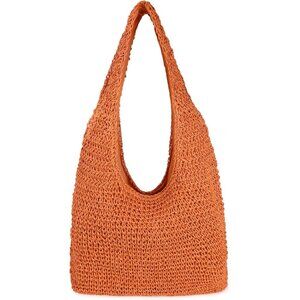 Women's Orange Large Straw Beach Bag Handmade Woven Shoulder Hobo Tote Handbag